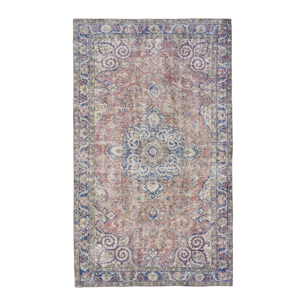 Turkish Isparta area rug in muted pink and denim, 5'2" x 8'11"