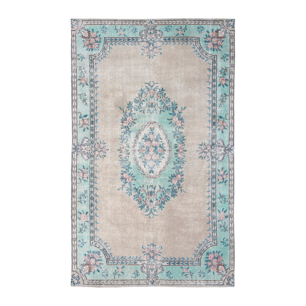 Turkish Isparta area rug in cream and celadon, 6'1" x 9'9"