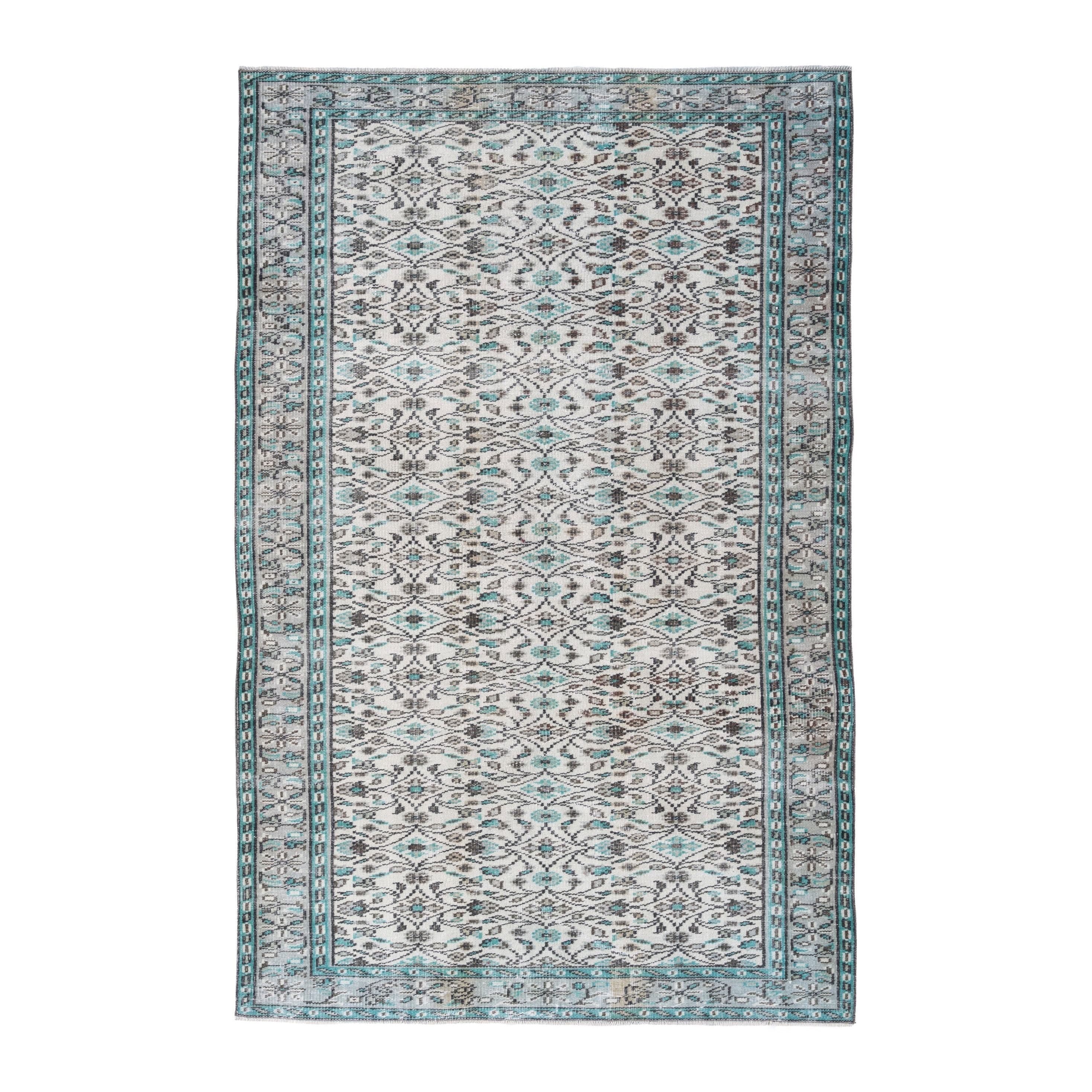 Turkish Manisa area rug in ivory and teal, 5'1" x 7'10"