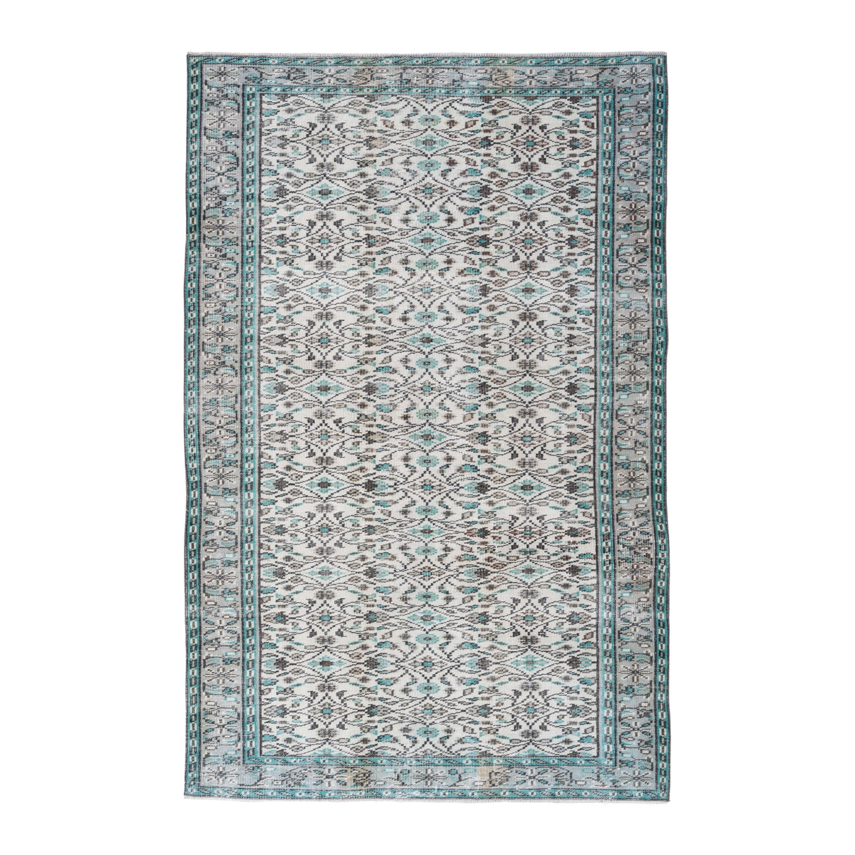 Turkish Manisa area rug in ivory and teal, 5'1" x 7'10"