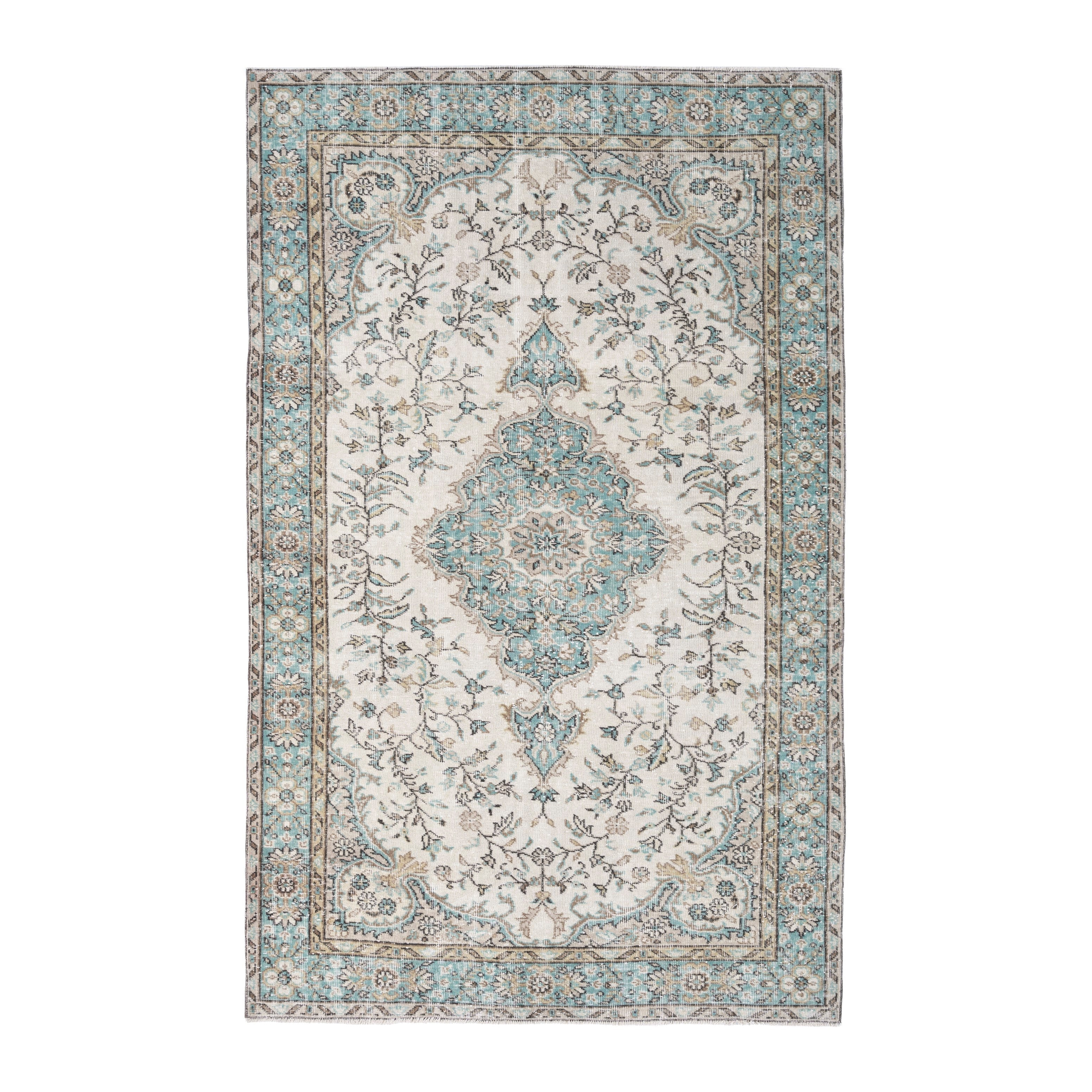 Turkish Isparta area rug in cream and teal, 5'3" x 8'2"