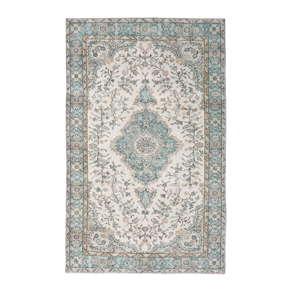 Turkish Isparta area rug in cream and teal, 5'3" x 8'2"