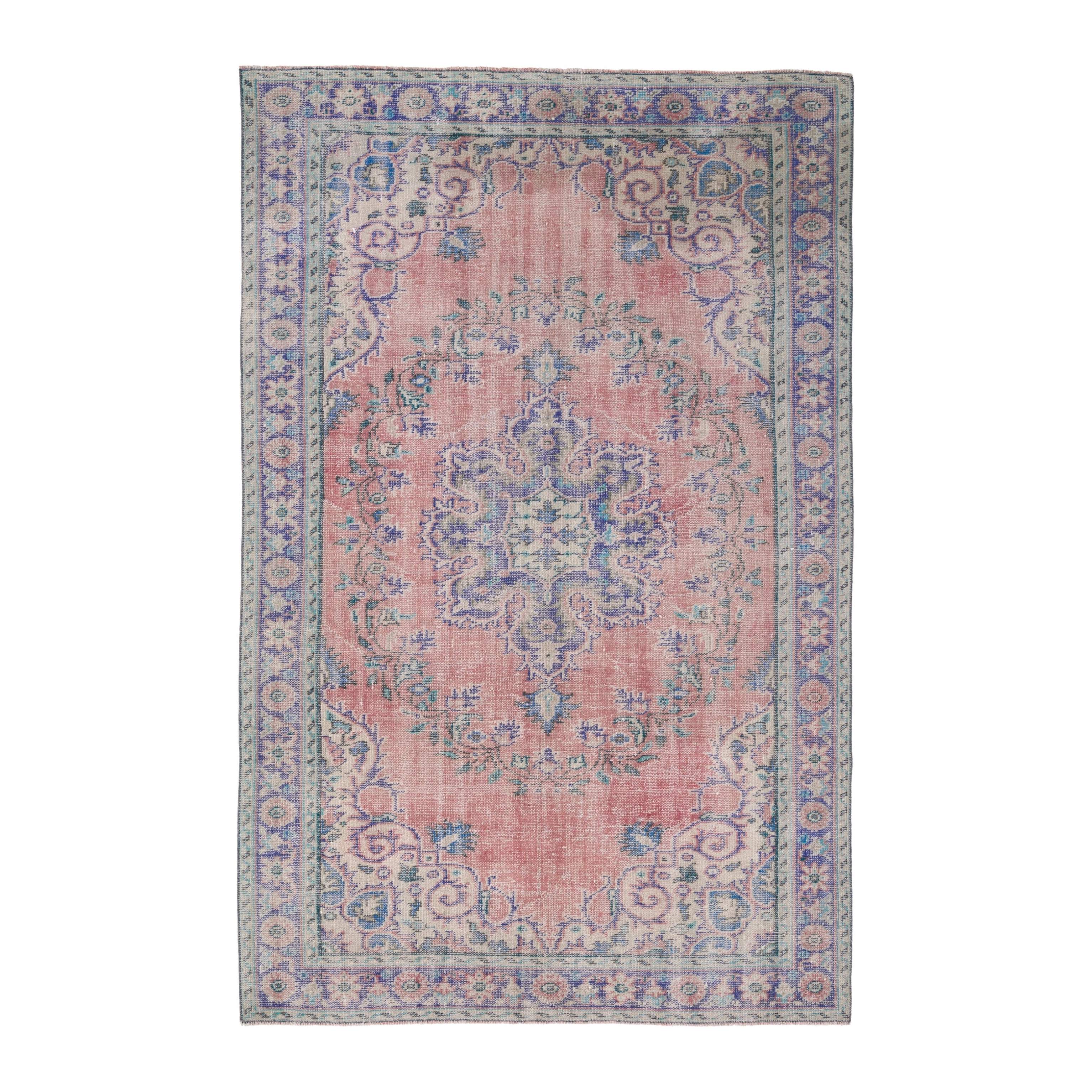 Turkish Manisa area rug in dusty rose and denim, 6' x 9'