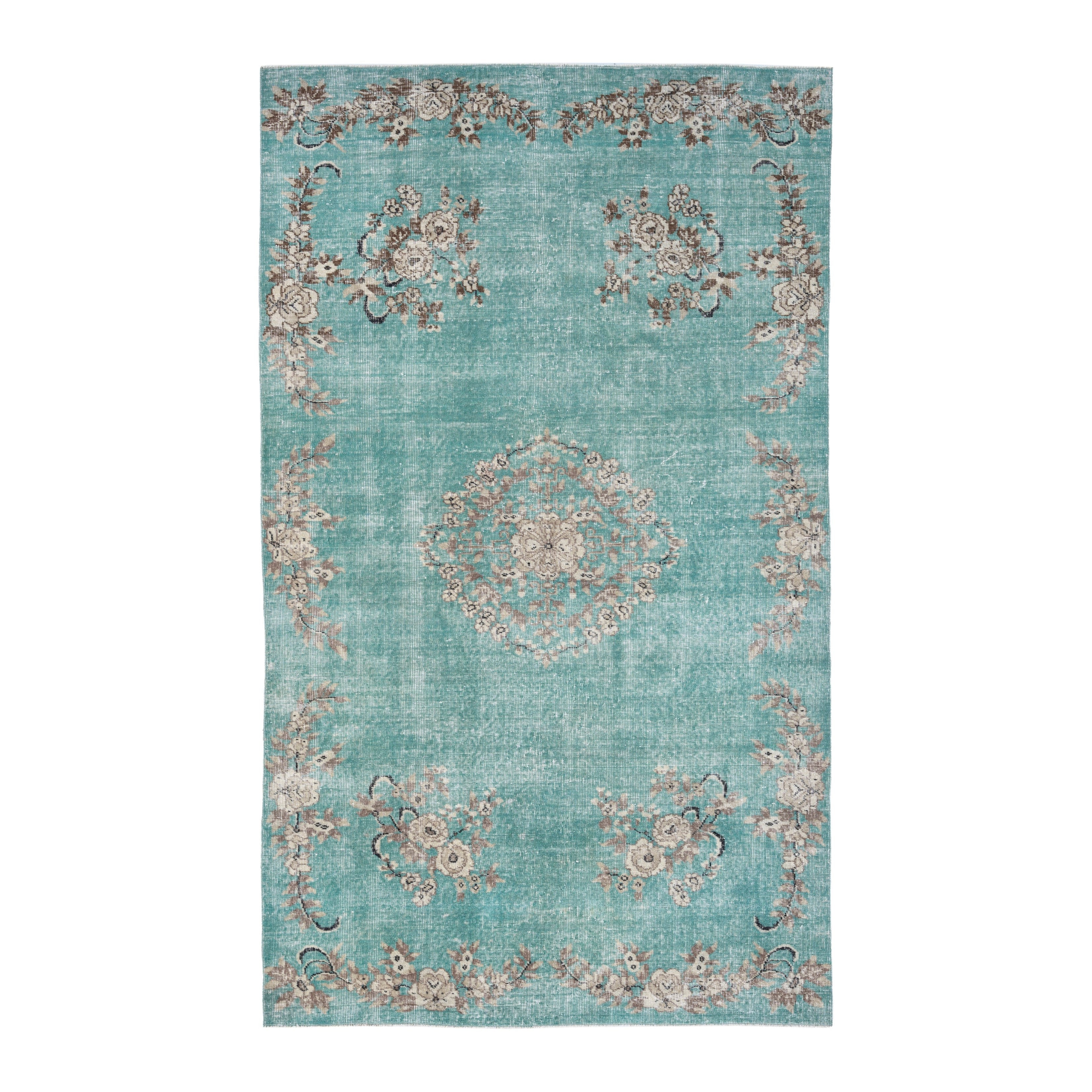 Turkish Isparta area rug in turquoise and greige, 5'4" x 8'10"