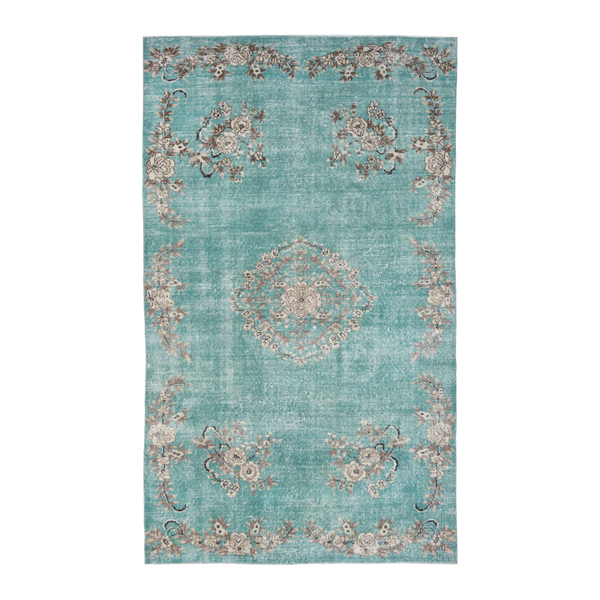 Turkish Isparta area rug in turquoise and greige, 5'4" x 8'10"