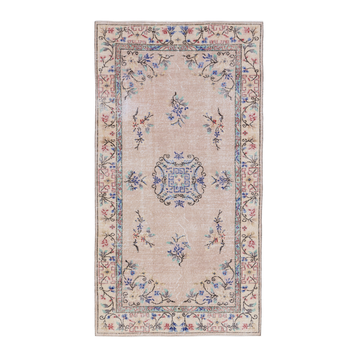 Turkish Isparta area rug in beige and muted pink, 4'5" x 8'3"