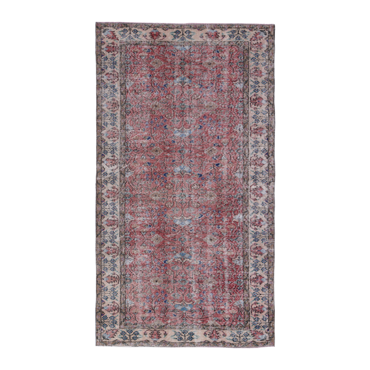 Turkish Isparta area rug in faded red and muted pink, 4'8" x 8'3"