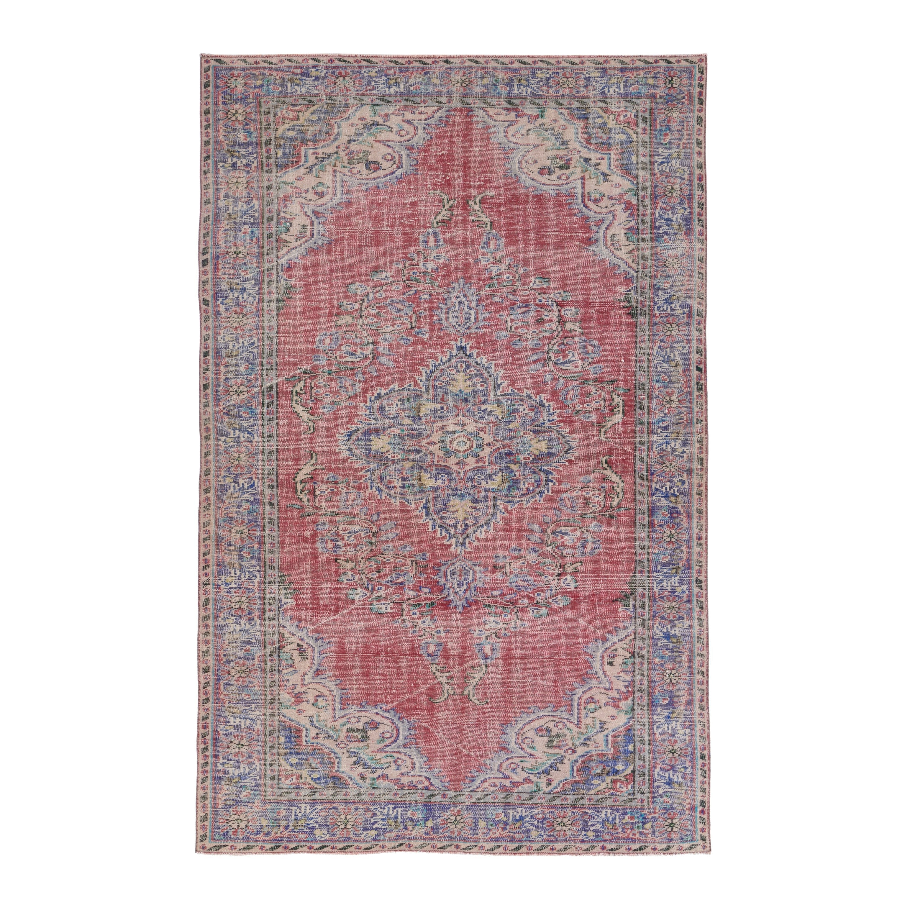Turkish Manisa area rug in rose and slate blue, 5'11" x 9'1"