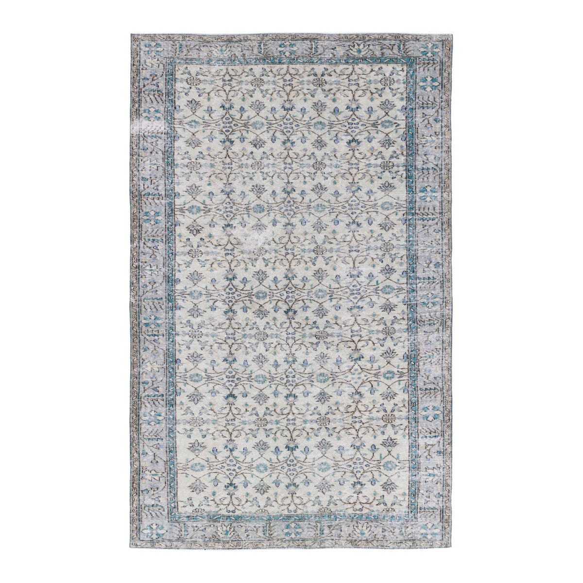 Turkish Manisa area rug in ivory and denim, 5'7" x 9'