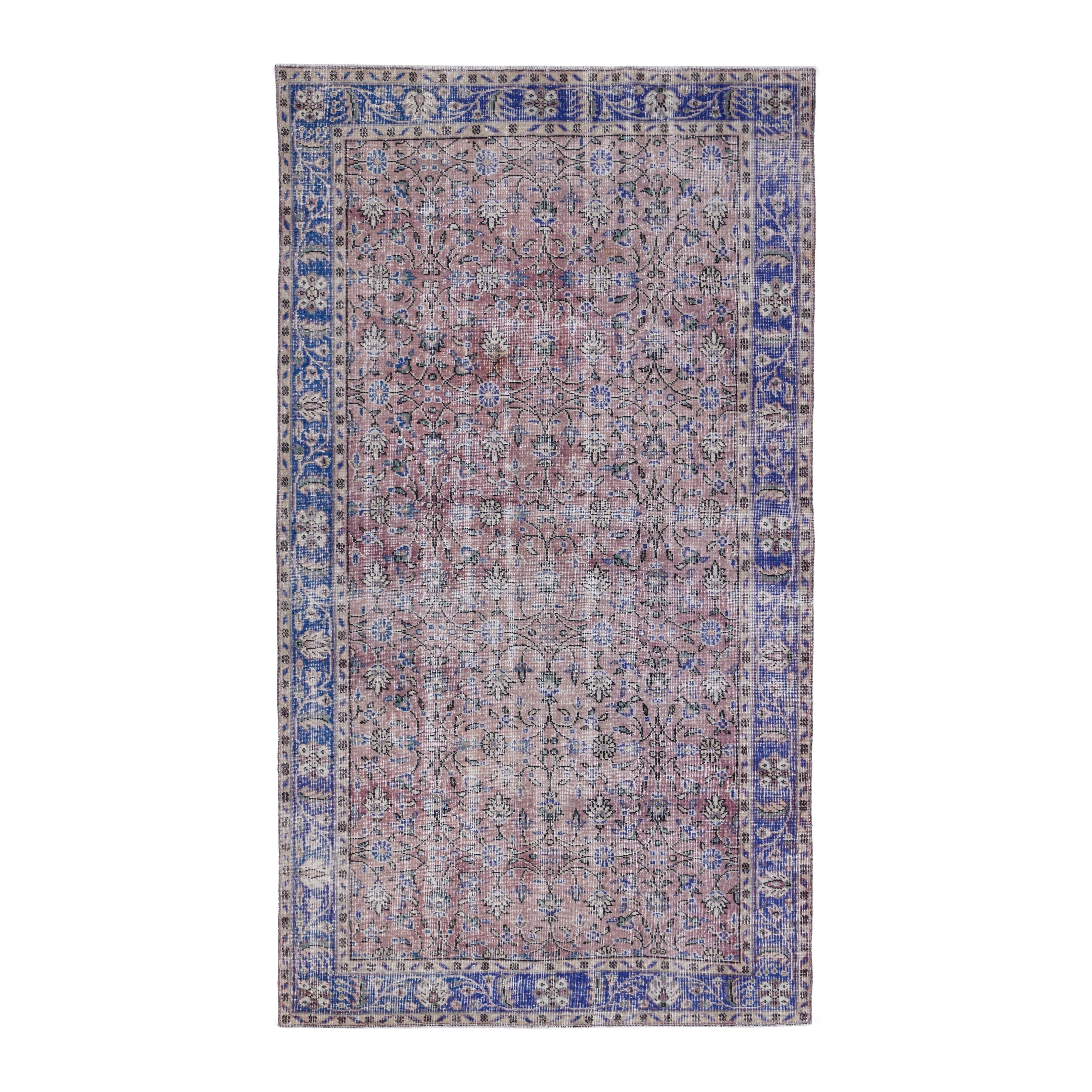 Turkish Isparta area rug in muted pink and dark blue, 5'2" x 8'7"