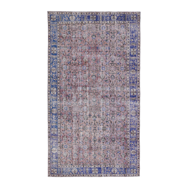 Turkish Isparta area rug in muted pink and dark blue, 5'2" x 8'7"