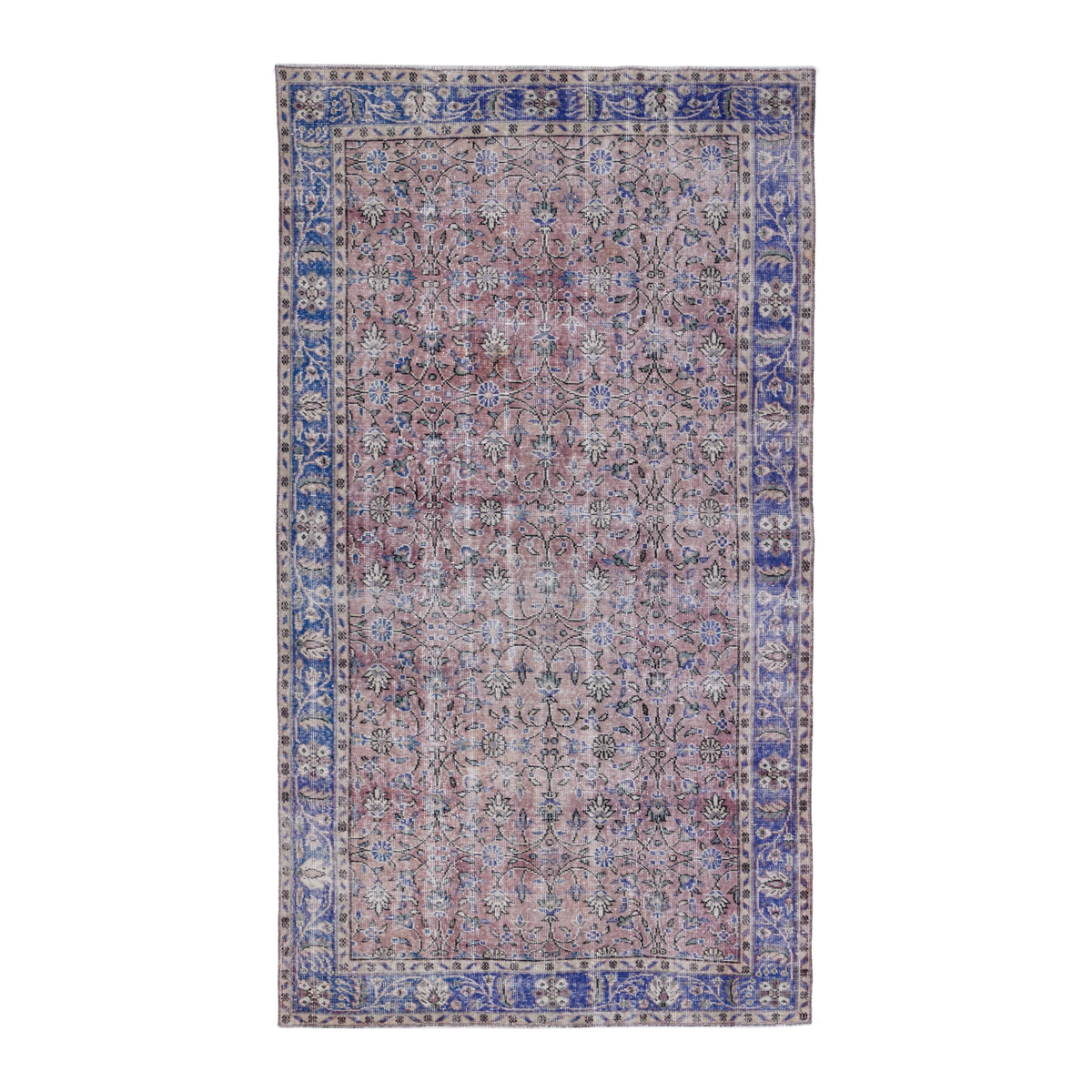 Turkish Isparta area rug in muted pink and dark blue, 5'2" x 8'7"