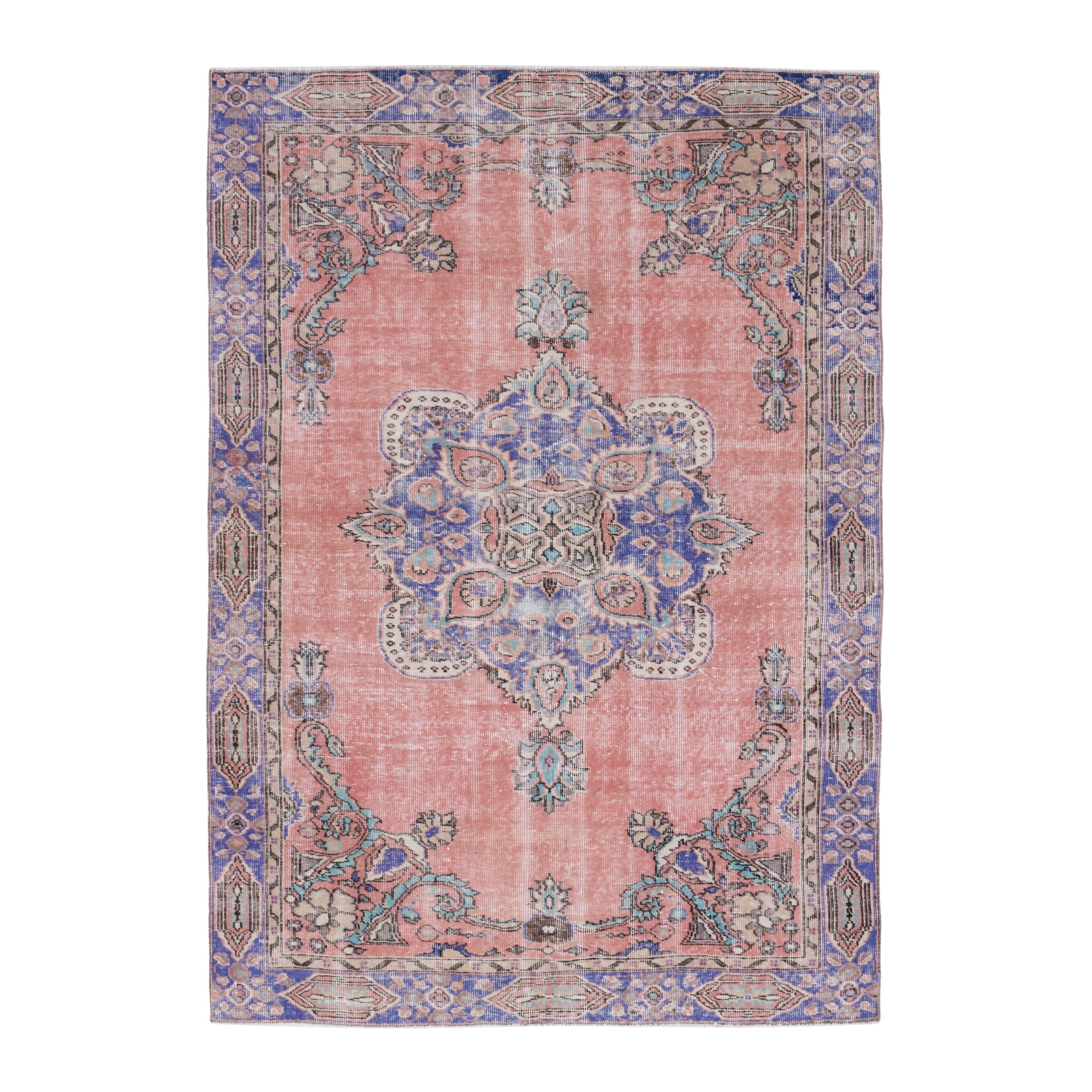 Turkish Isparta area rug in muted pink and slate blue, 5'5" x 7'7"