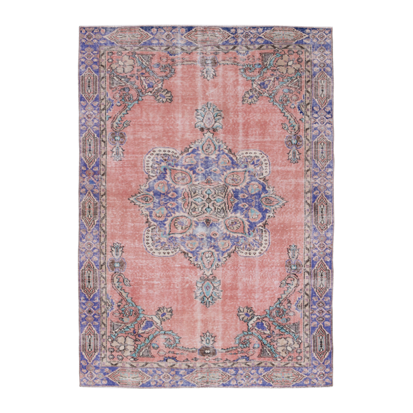 Turkish Isparta area rug in muted pink and slate blue, 5'5" x 7'7"