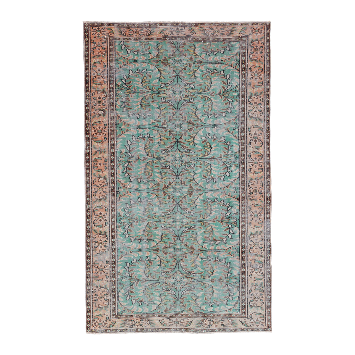 Turkish Manisa area rug in celadon and muted pink, 5'1" x 8'5"
