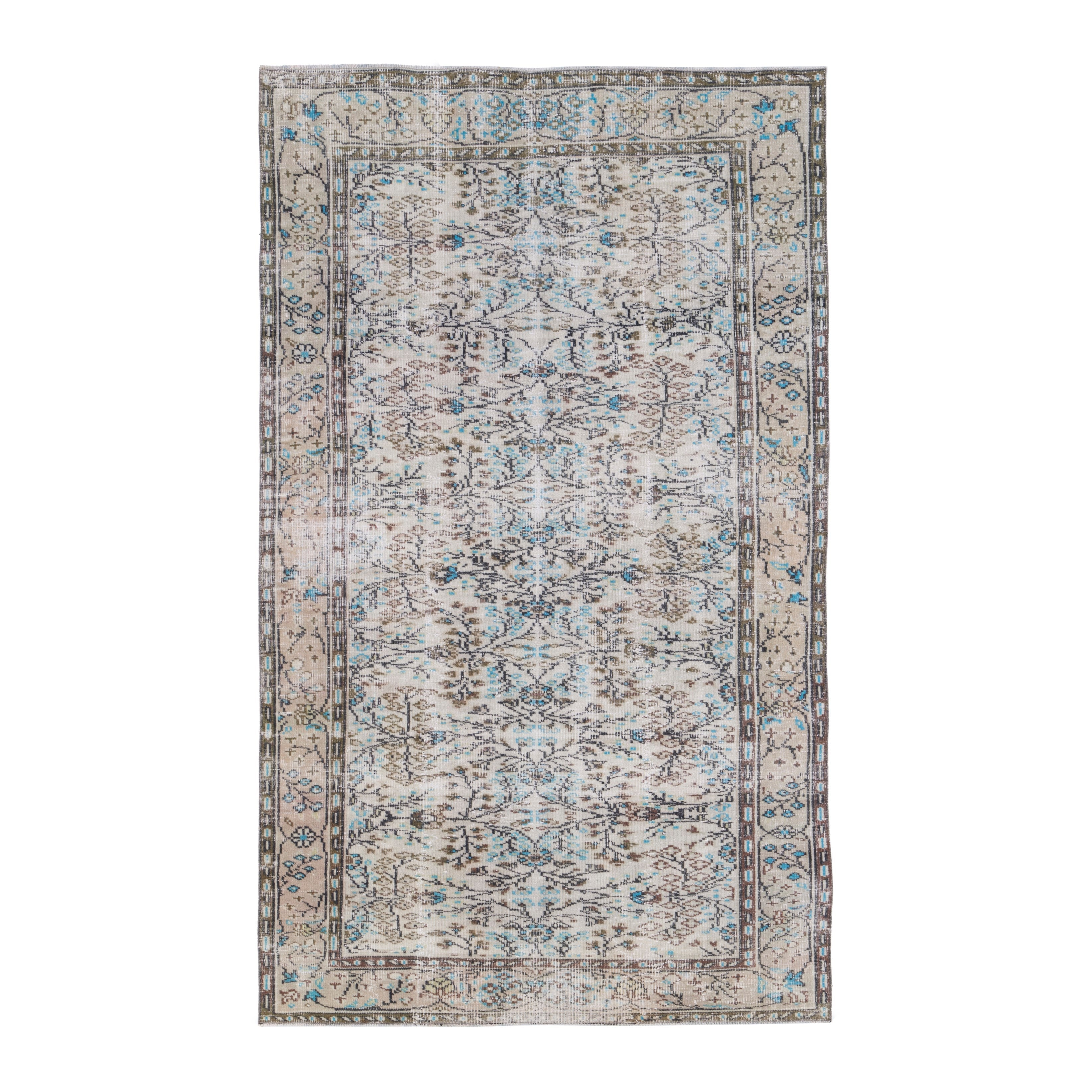 Turkish Manisa area rug in cream and sky, 5'7" x 8'9"