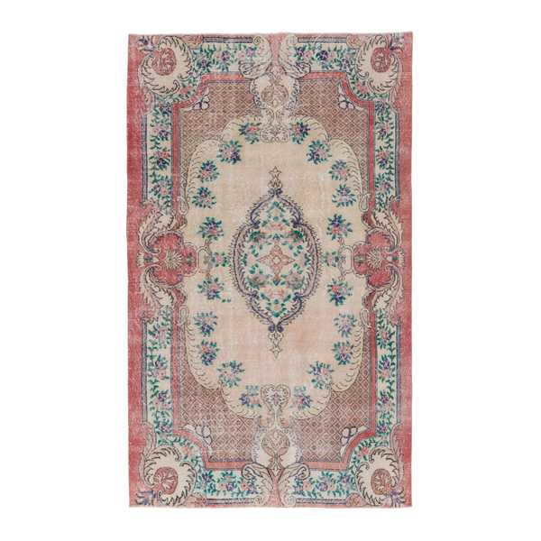 Turkish Isparta area rug in cream and rose, 5'1" x 8'1"