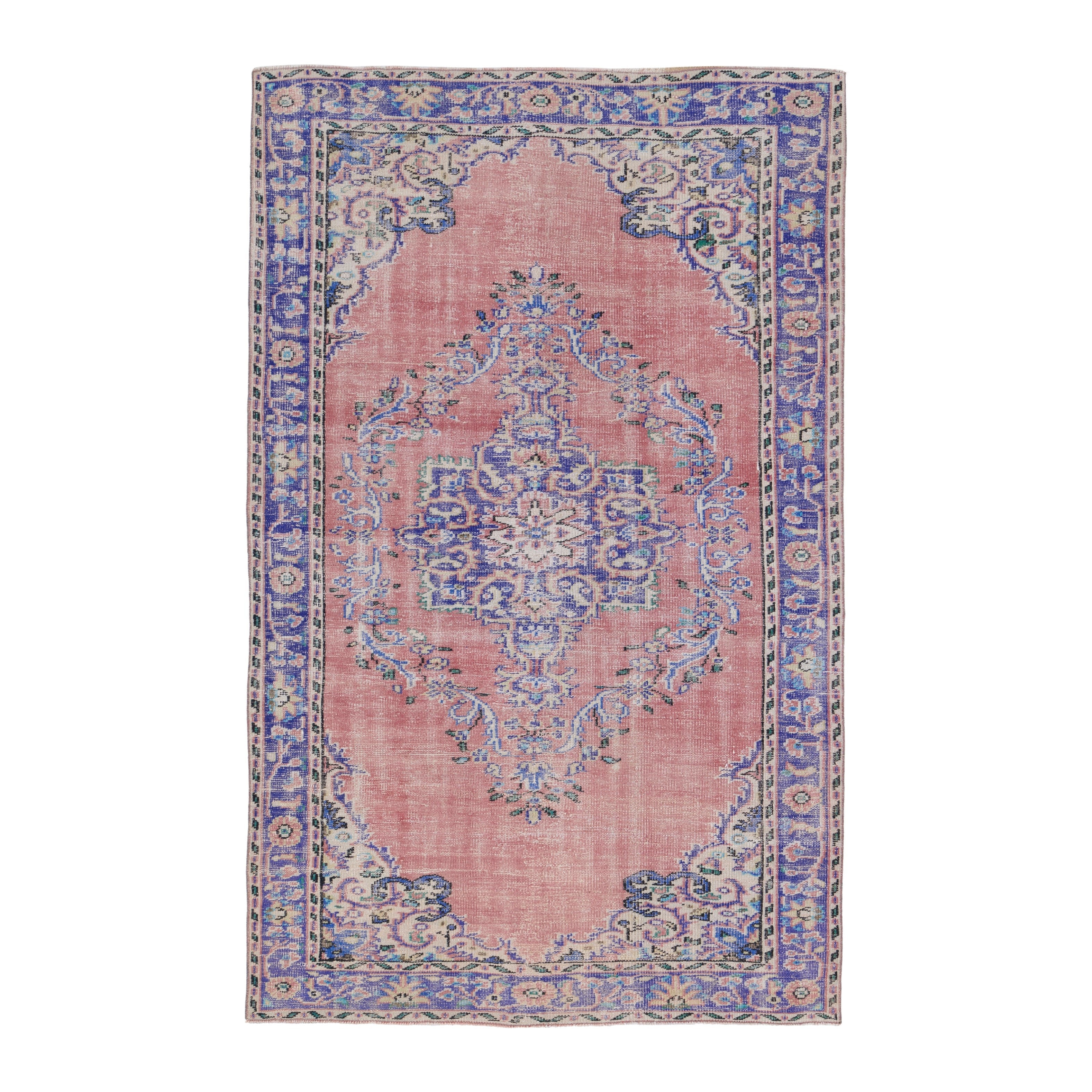 Turkish Manisa area rug in muted pink and slate blue, 5'6" x 8'11"
