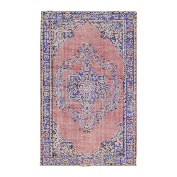 Turkish Manisa area rug in muted pink and slate blue, 5'6" x 8'11"