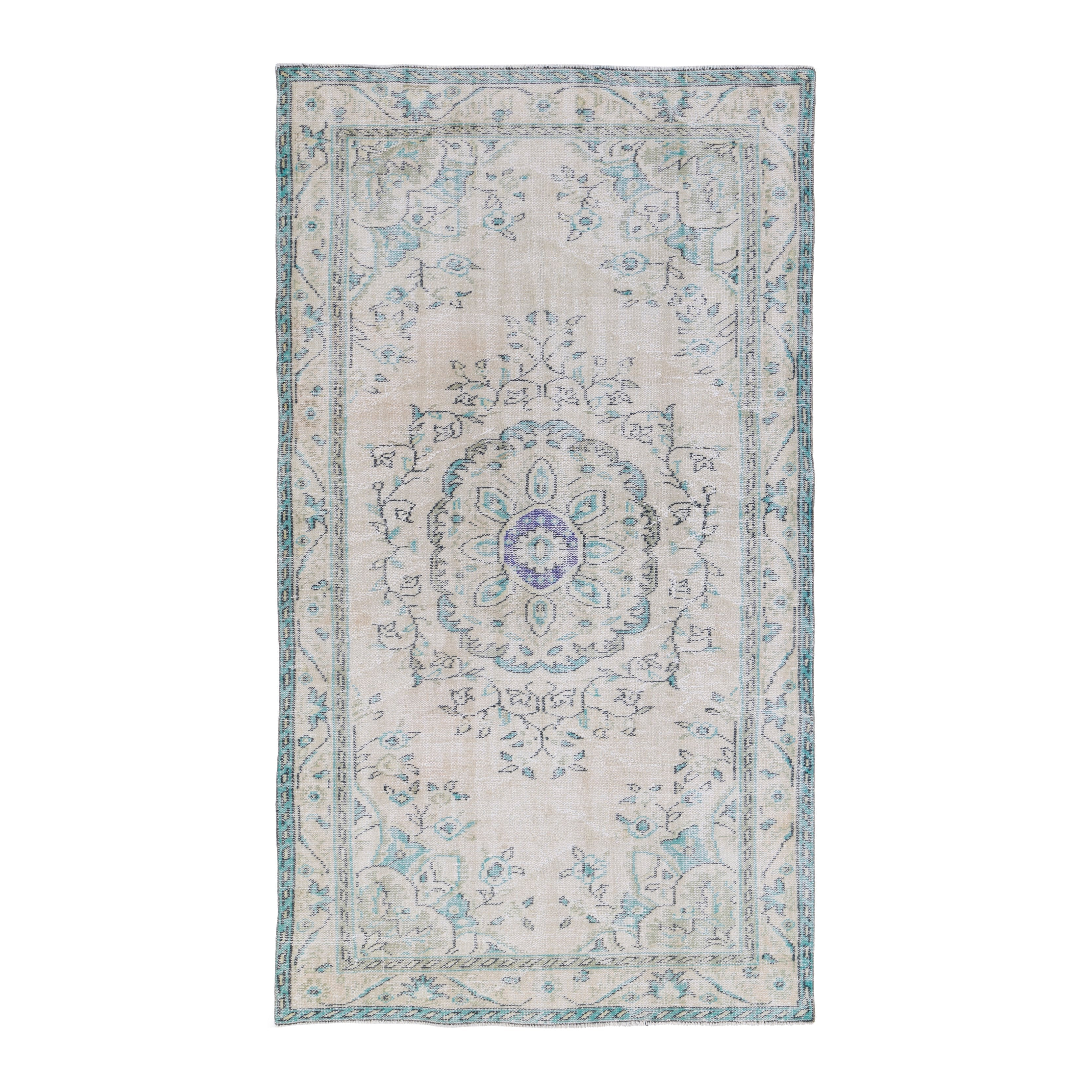 Turkish Manisa area rug in cream and powder blue, 4'11" x 8'10"