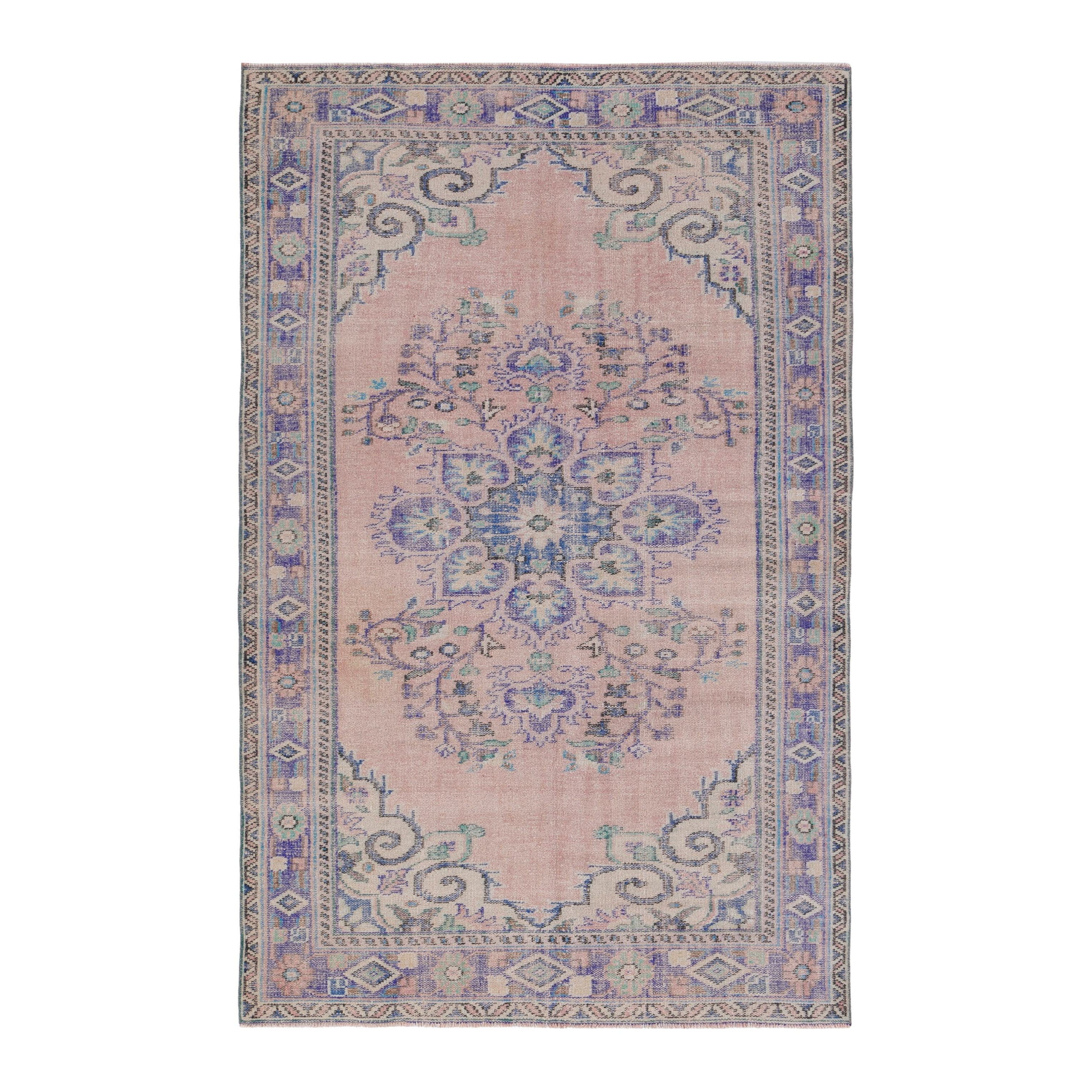 Turkish Manisa area rug in muted pink and dusty blue, 5'10" x 9'2"