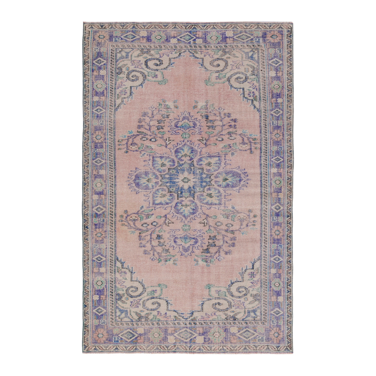 Turkish Manisa area rug in muted pink and dusty blue, 5'10" x 9'2"