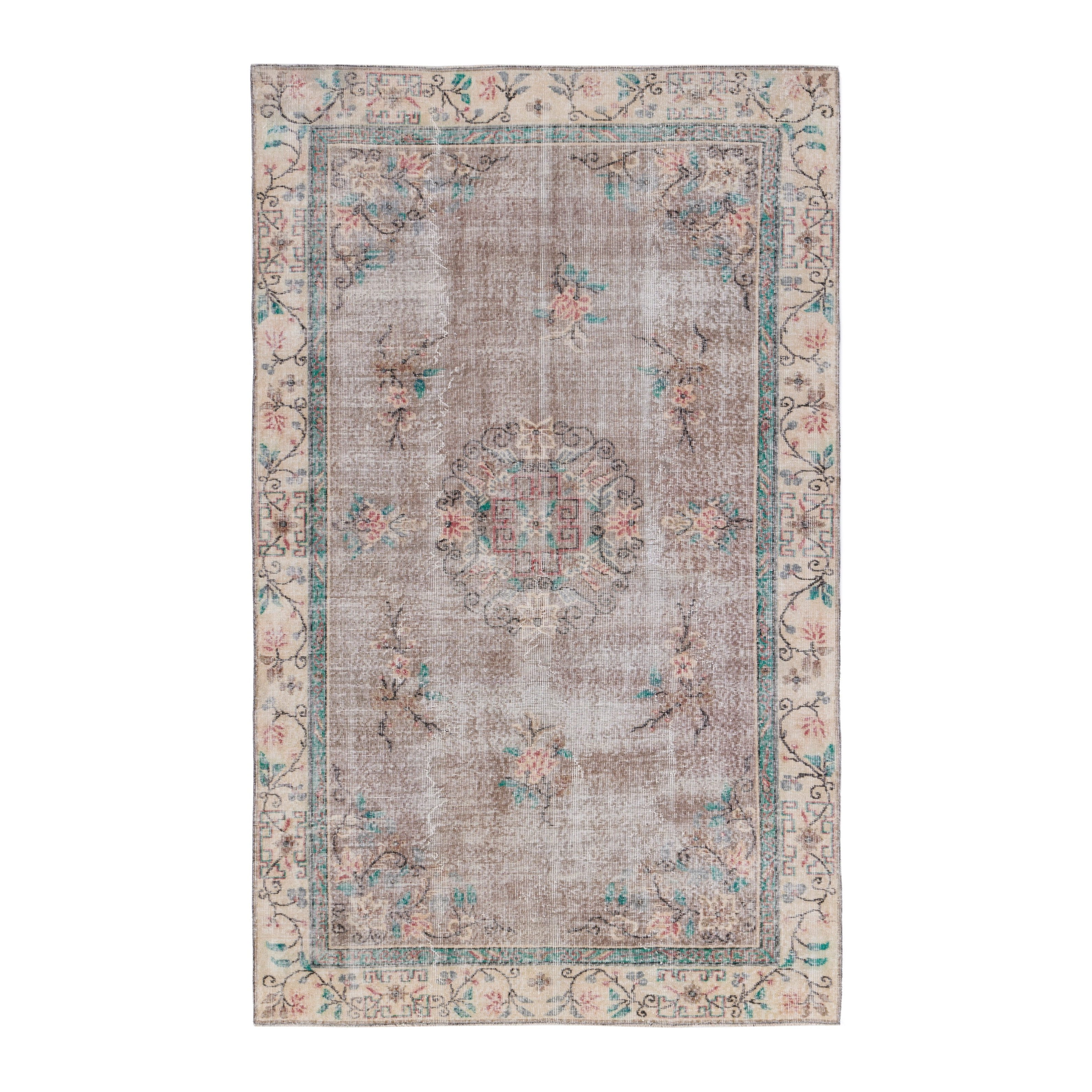 Turkish Isparta area rug in greige and muted pink, 5'7" x 8'8"