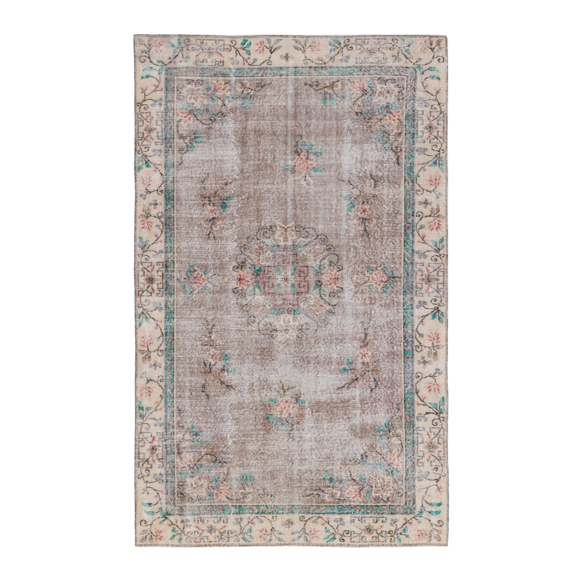 Turkish Isparta area rug in greige and muted pink, 5'7" x 8'8"