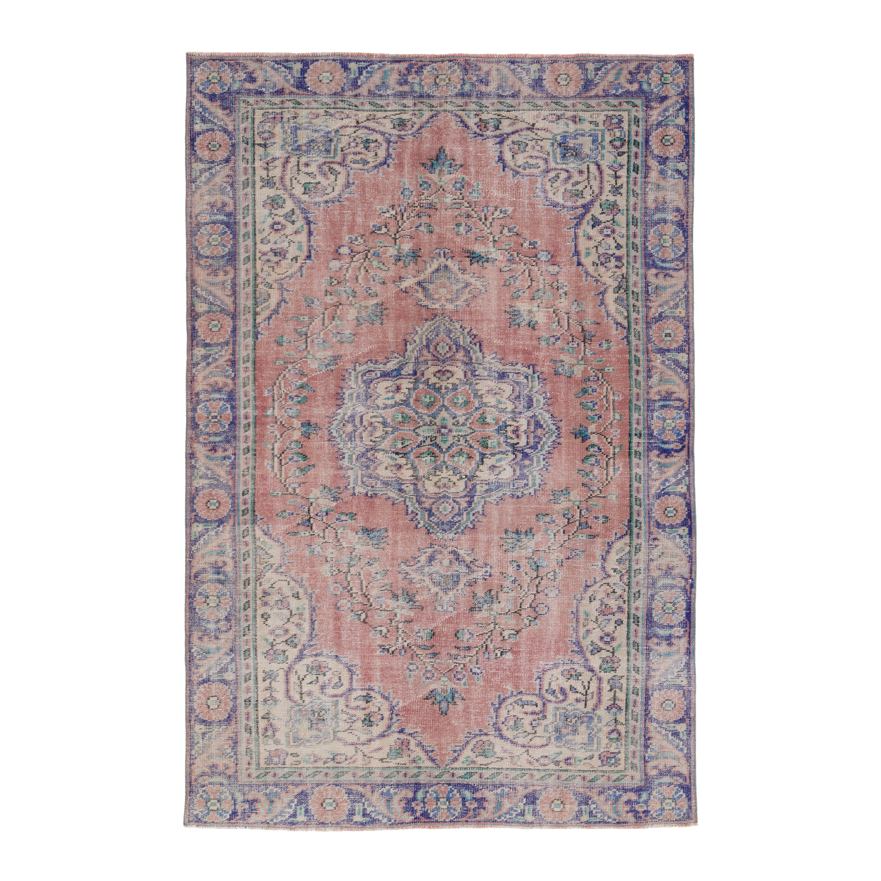 Turkish Manisa area rug in muted pink and navy, 5'7" x 8'4"