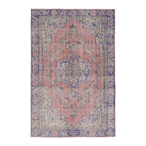 Turkish Manisa area rug in muted pink and navy, 5'7" x 8'4"