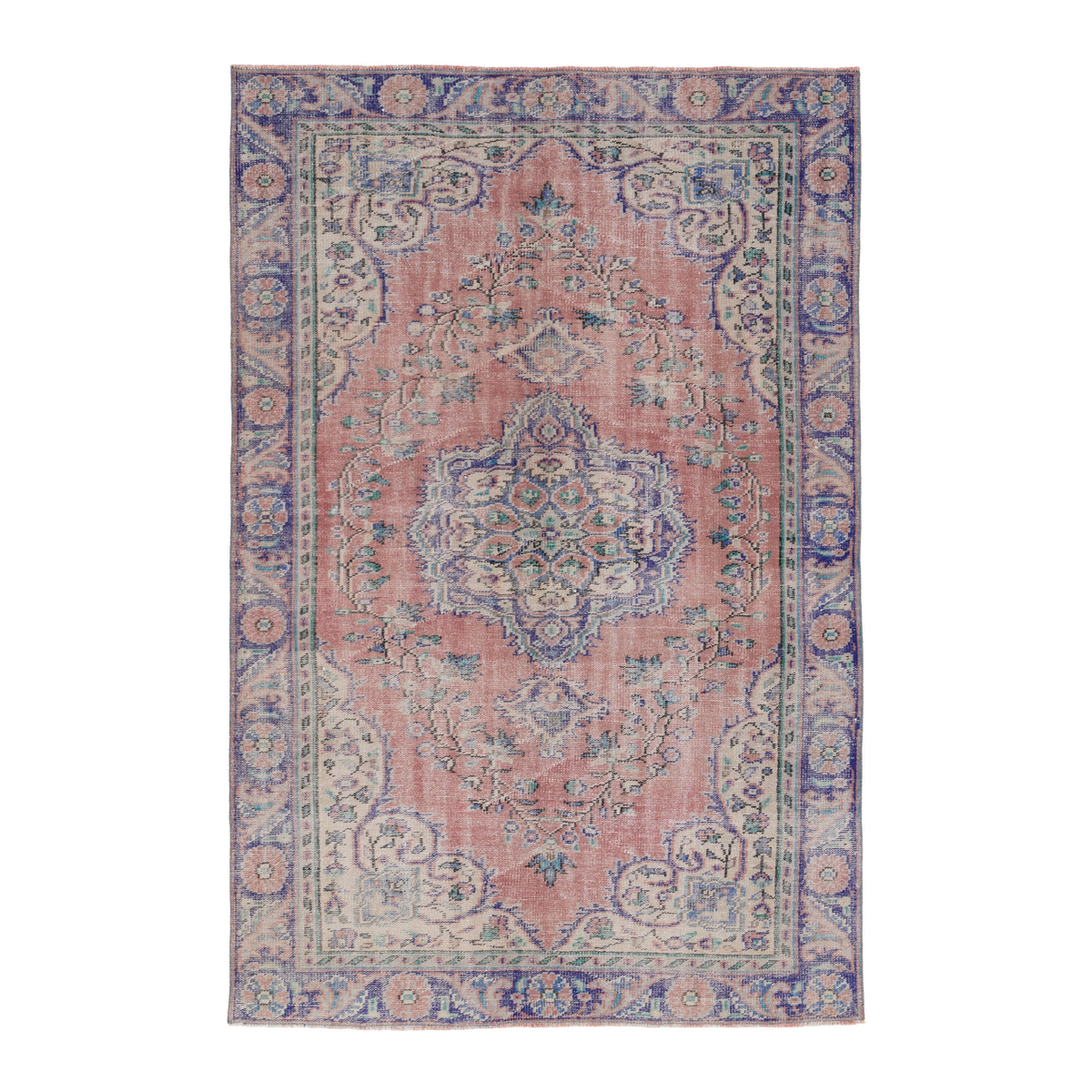 Turkish Manisa area rug in muted pink and navy, 5'7" x 8'4"