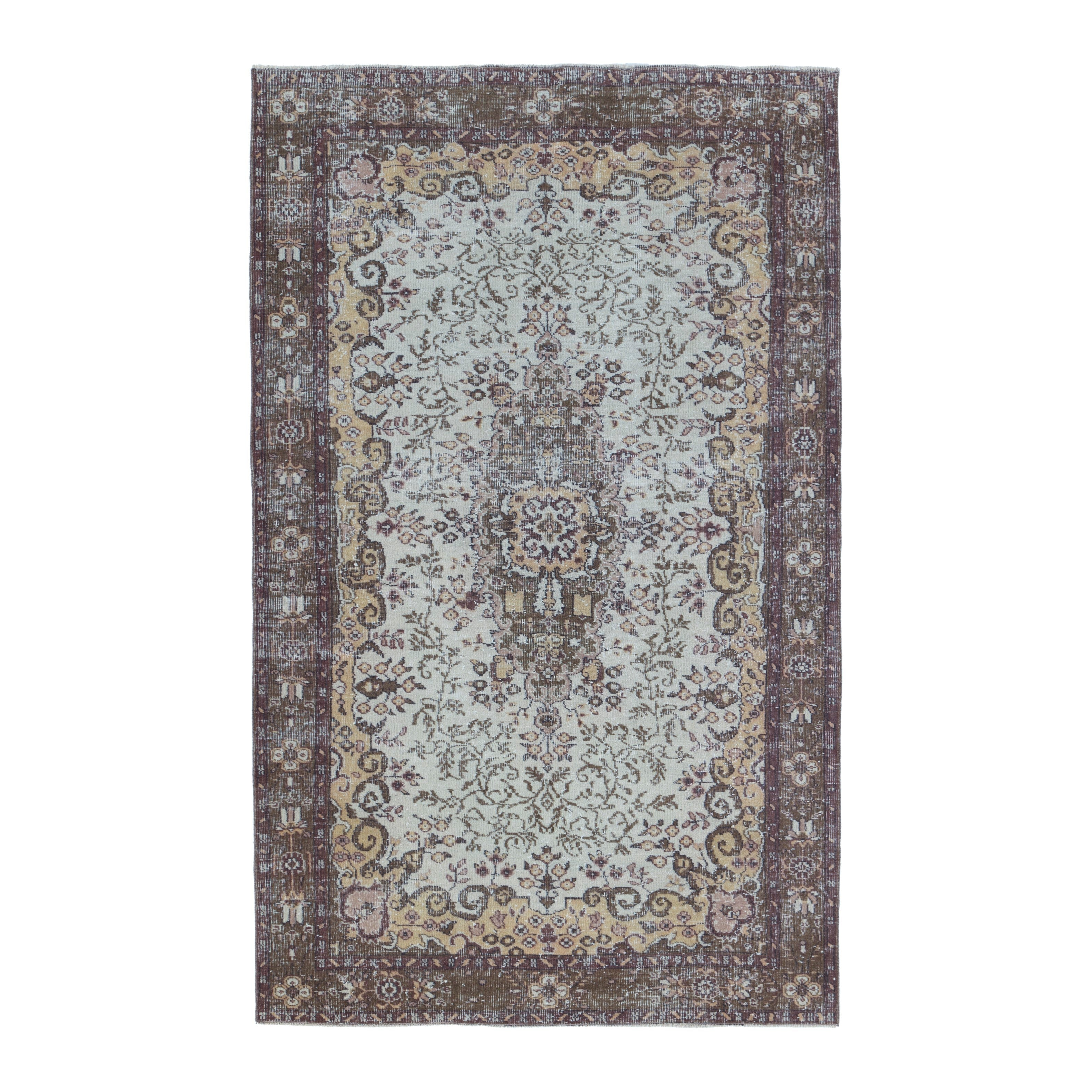 Turkish Isparta area rug in cream and dark brown, 5'4" x 8'7"