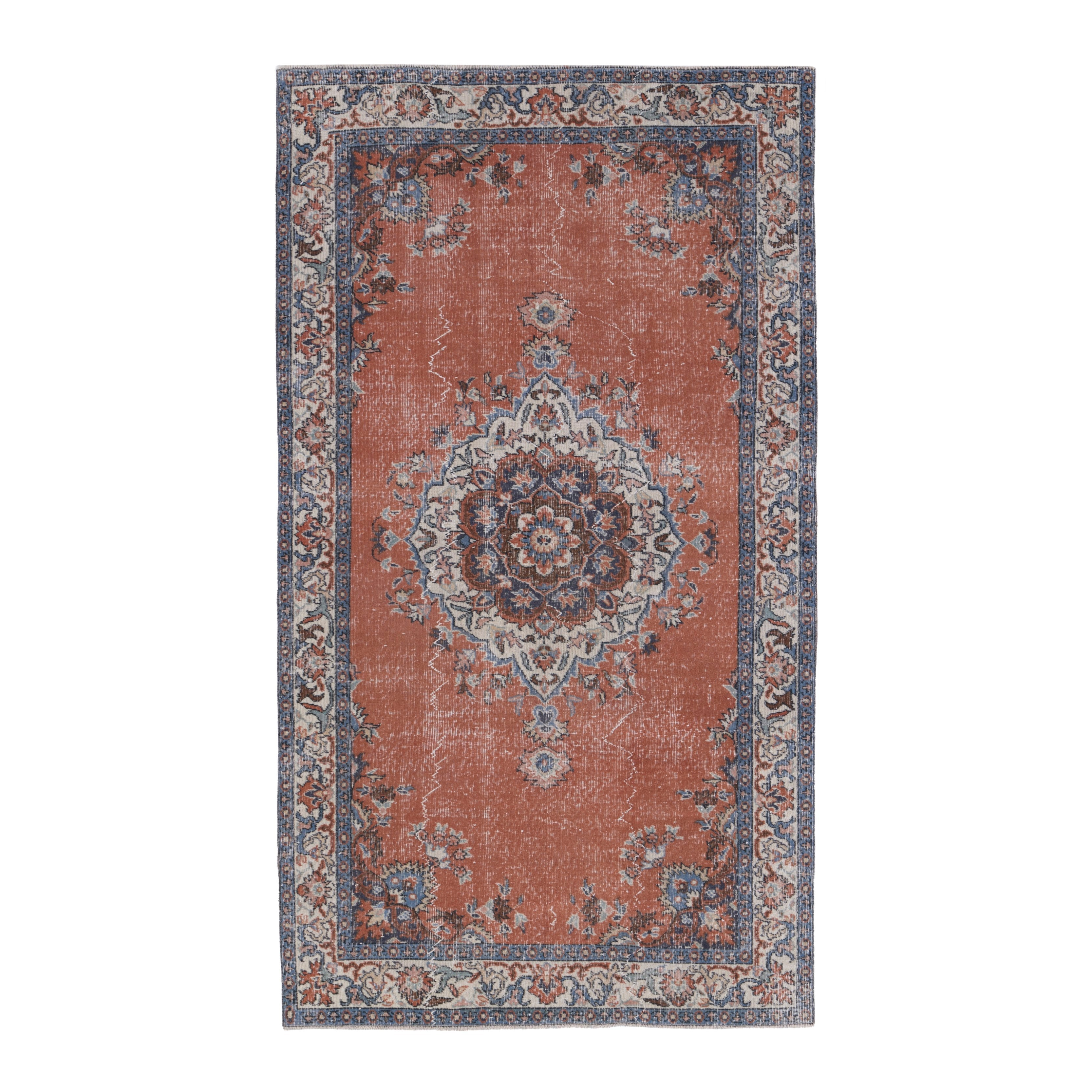 Turkish Isparta area rug in rust and navy, 4'10" x 8'1"