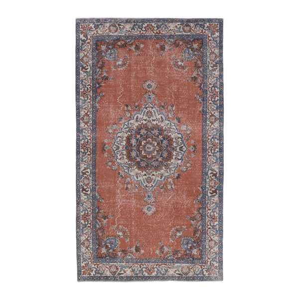 Turkish Isparta area rug in rust and navy, 4'10" x 8'1"