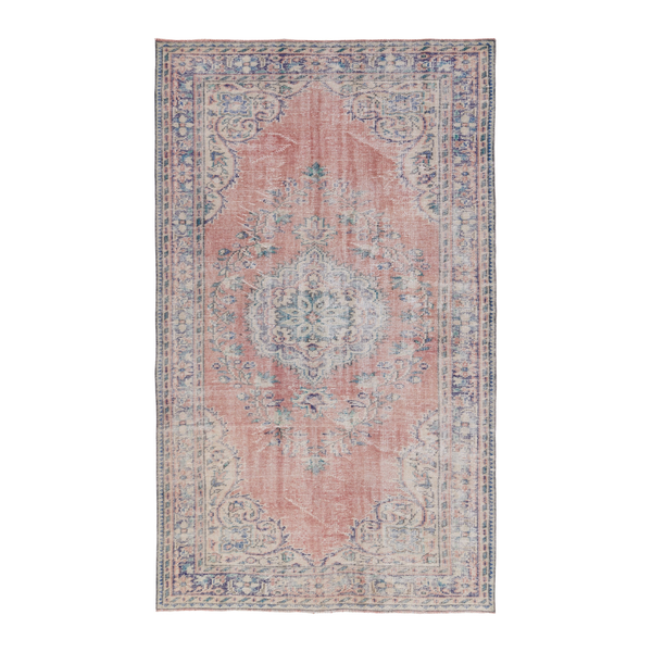 Turkish Manisa area rug in muted pink and denim, 5'6" x 8'10"