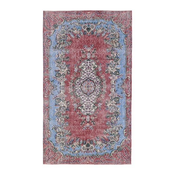 Turkish Isparta area rug in faded red and sky, 5'6" x 9'7"