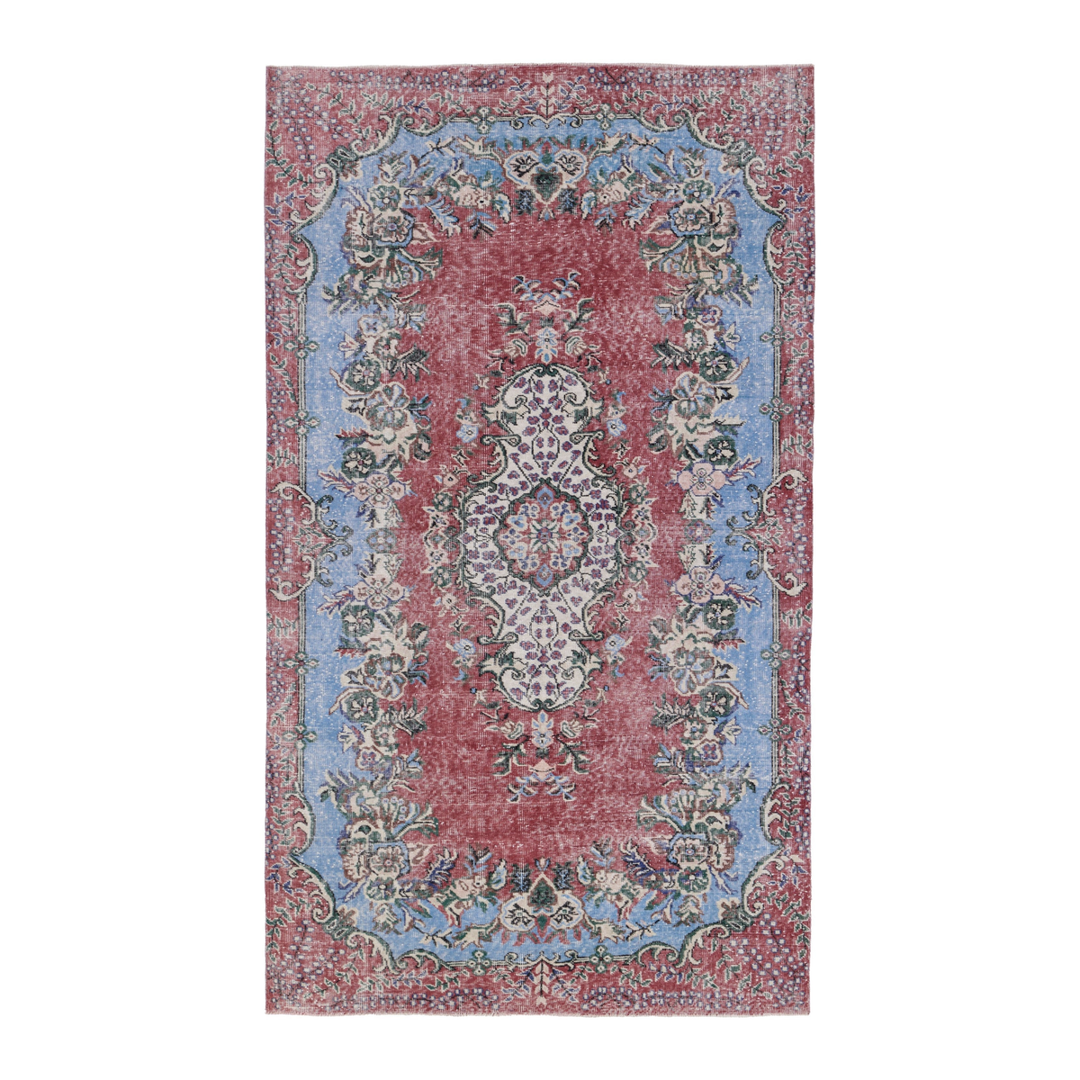 Turkish Isparta area rug in faded red and sky, 5'6" x 9'7"