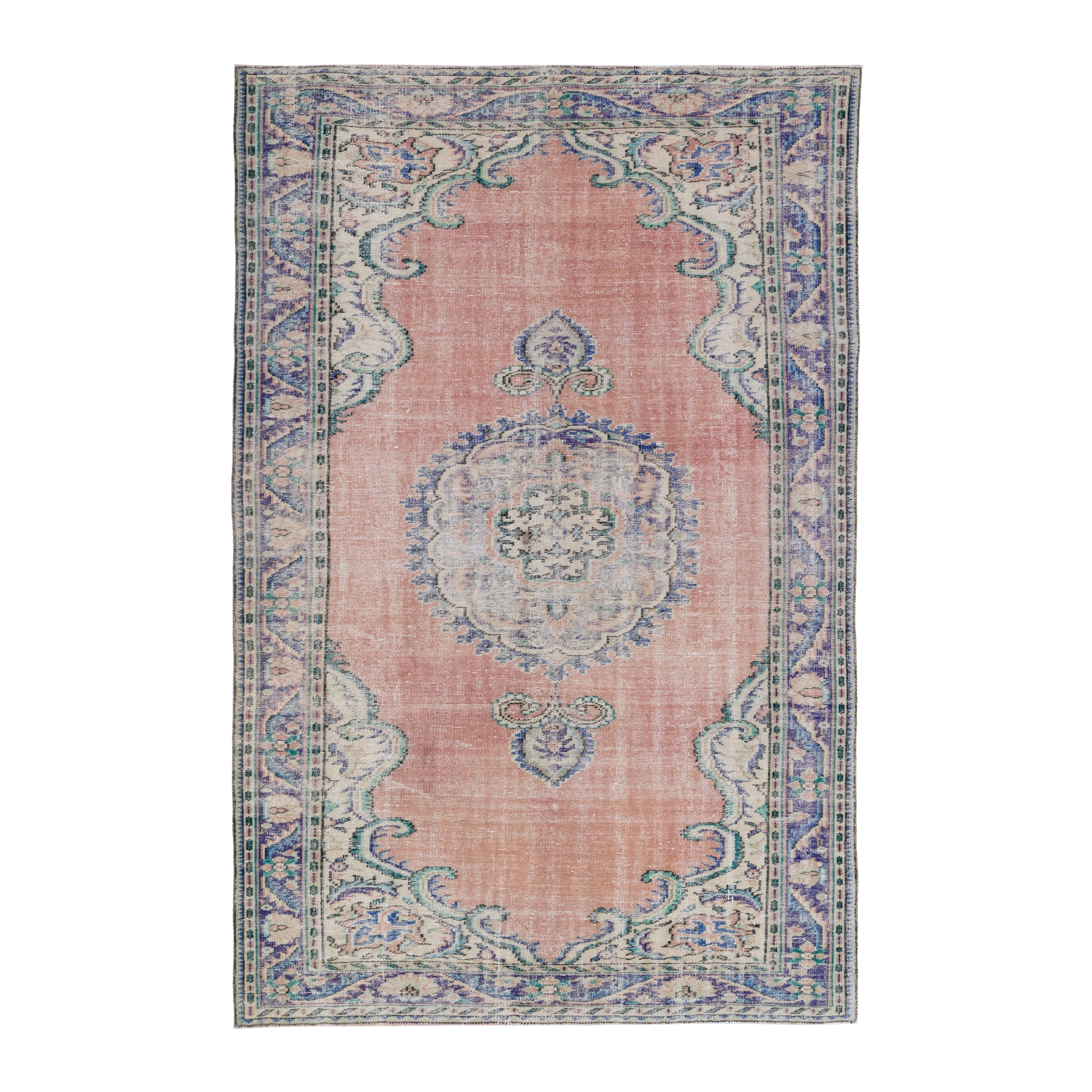 Turkish Manisa area rug in dusty rose and navy, 6'2" x 9'4"
