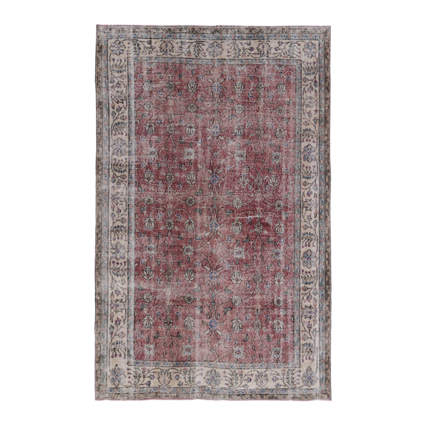 Turkish Isparta area rug in faded red and cream, 5'4" x 8'4"