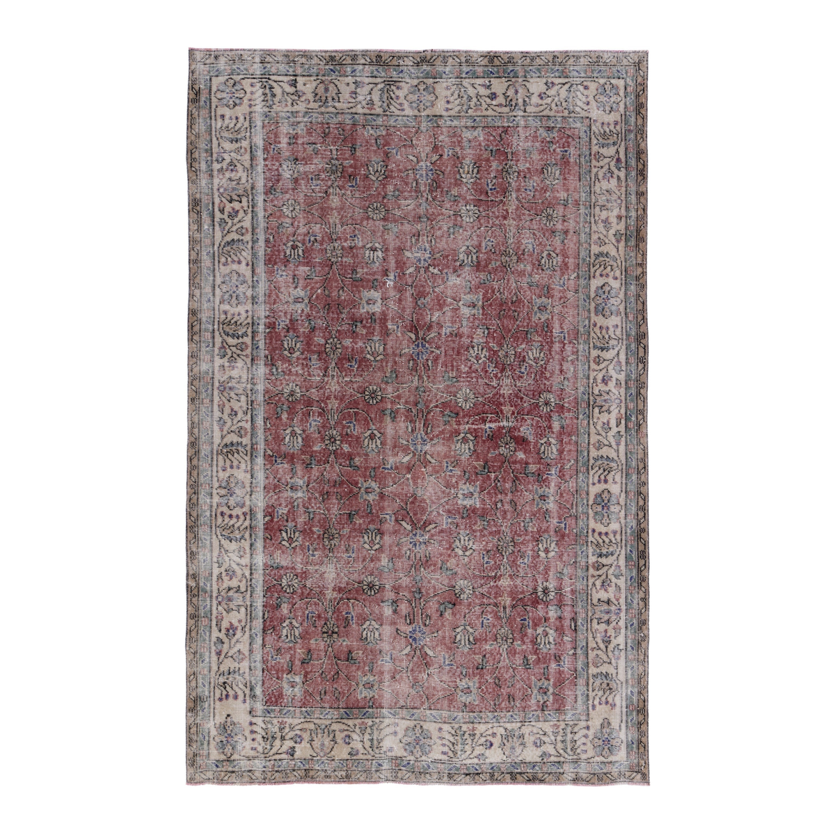 Turkish Isparta area rug in faded red and cream, 5'4" x 8'4"