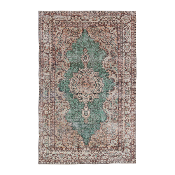 Turkish Isparta area rug in emerald and beige, 6'1" x 9'10"