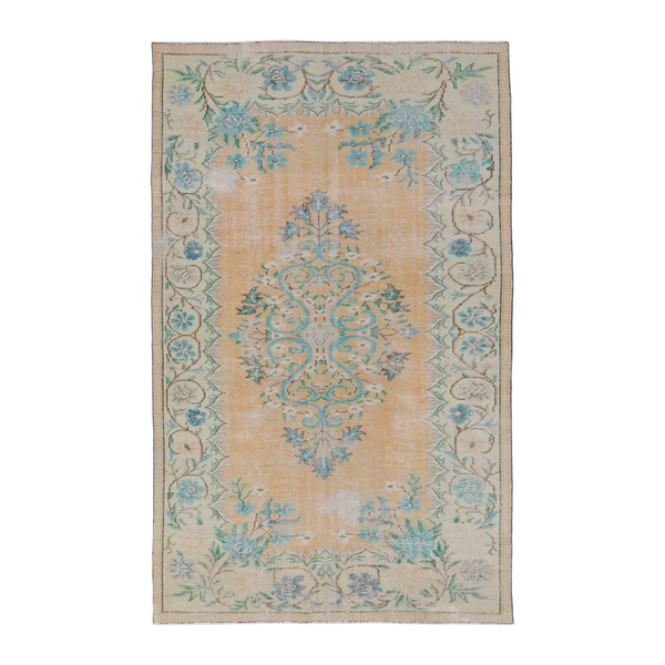 Turkish Manisa area rug in tan and celadon, 5'9" x 8'7"
