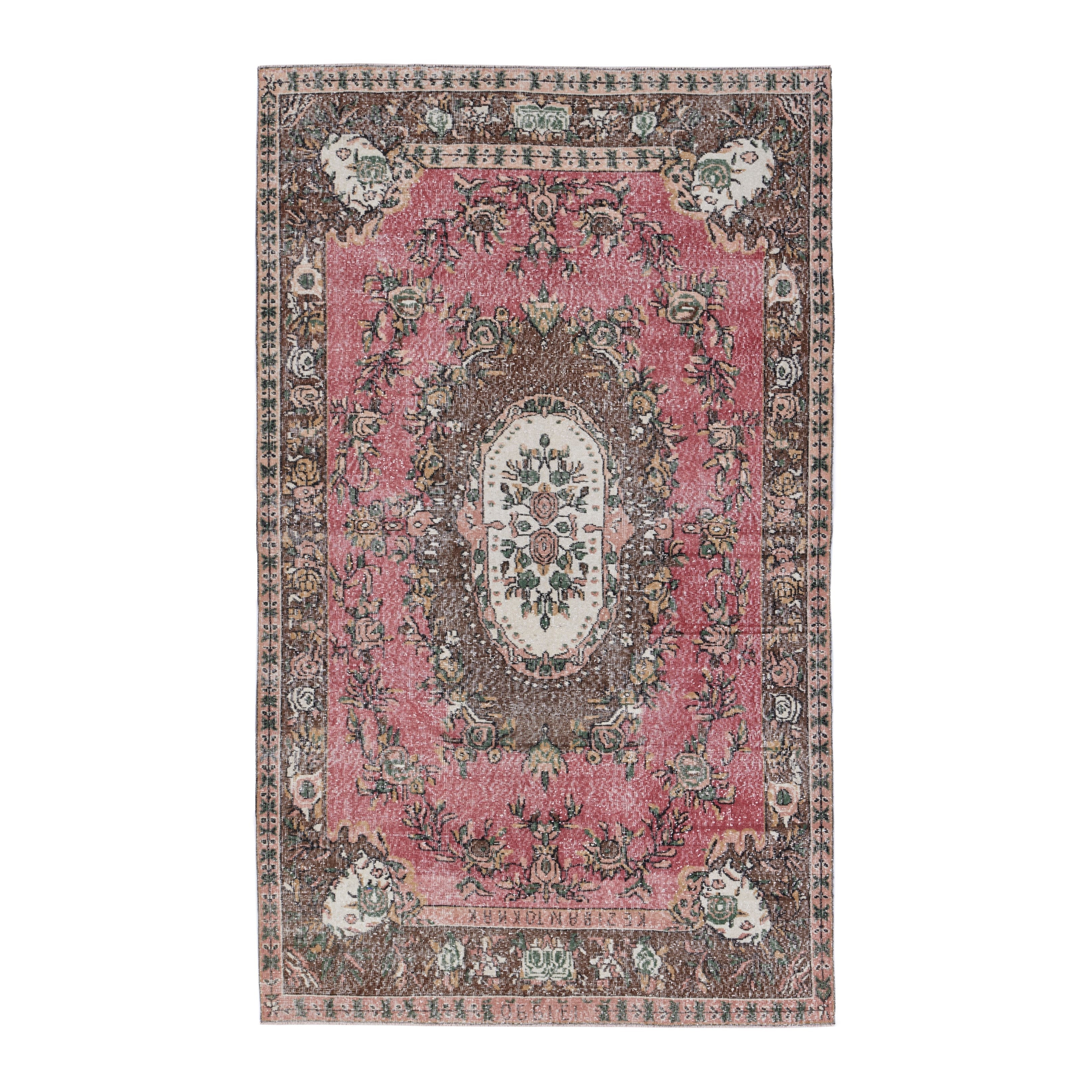 Turkish Isparta area rug in muted pink and dark brown, 5'10" x 9'3"
