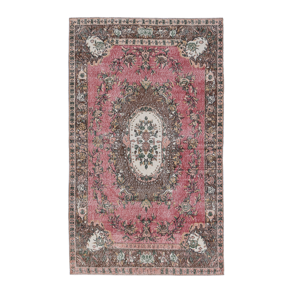 Turkish Isparta area rug in muted pink and dark brown, 5'10" x 9'3"