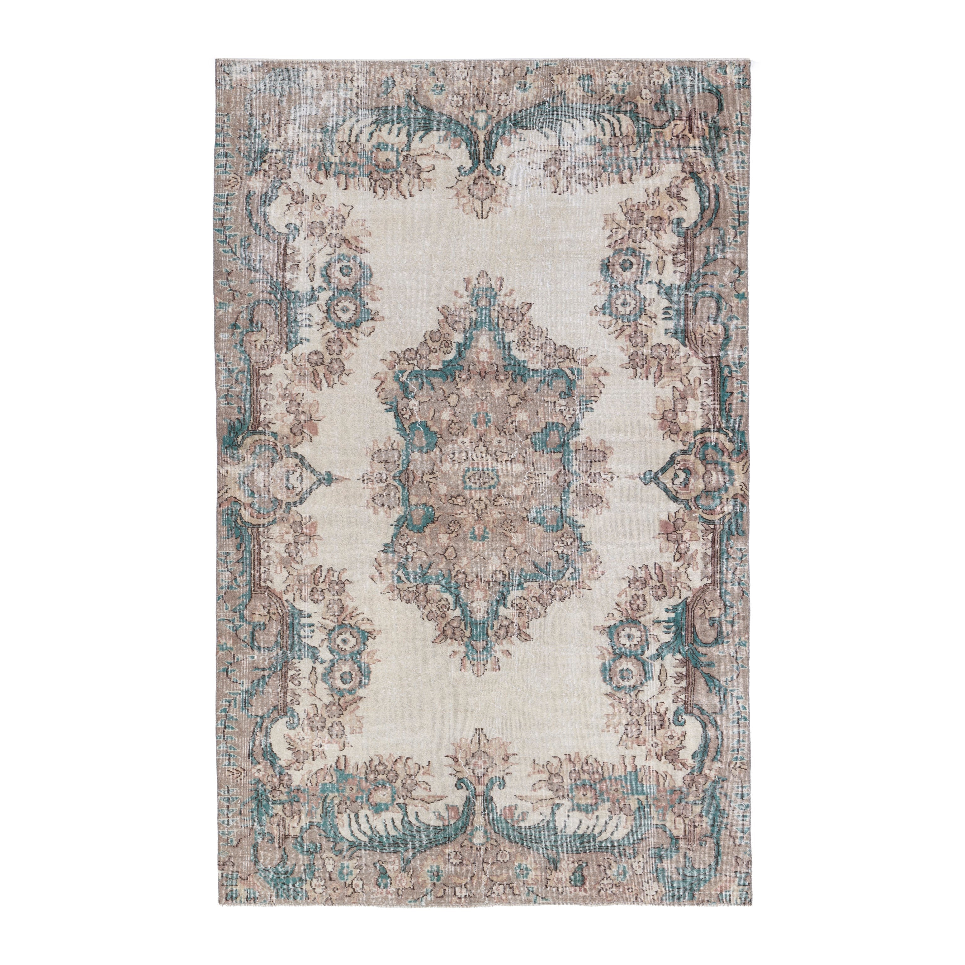 Turkish Isparta area rug in cream and muted pink, 6'2" x 9'5"