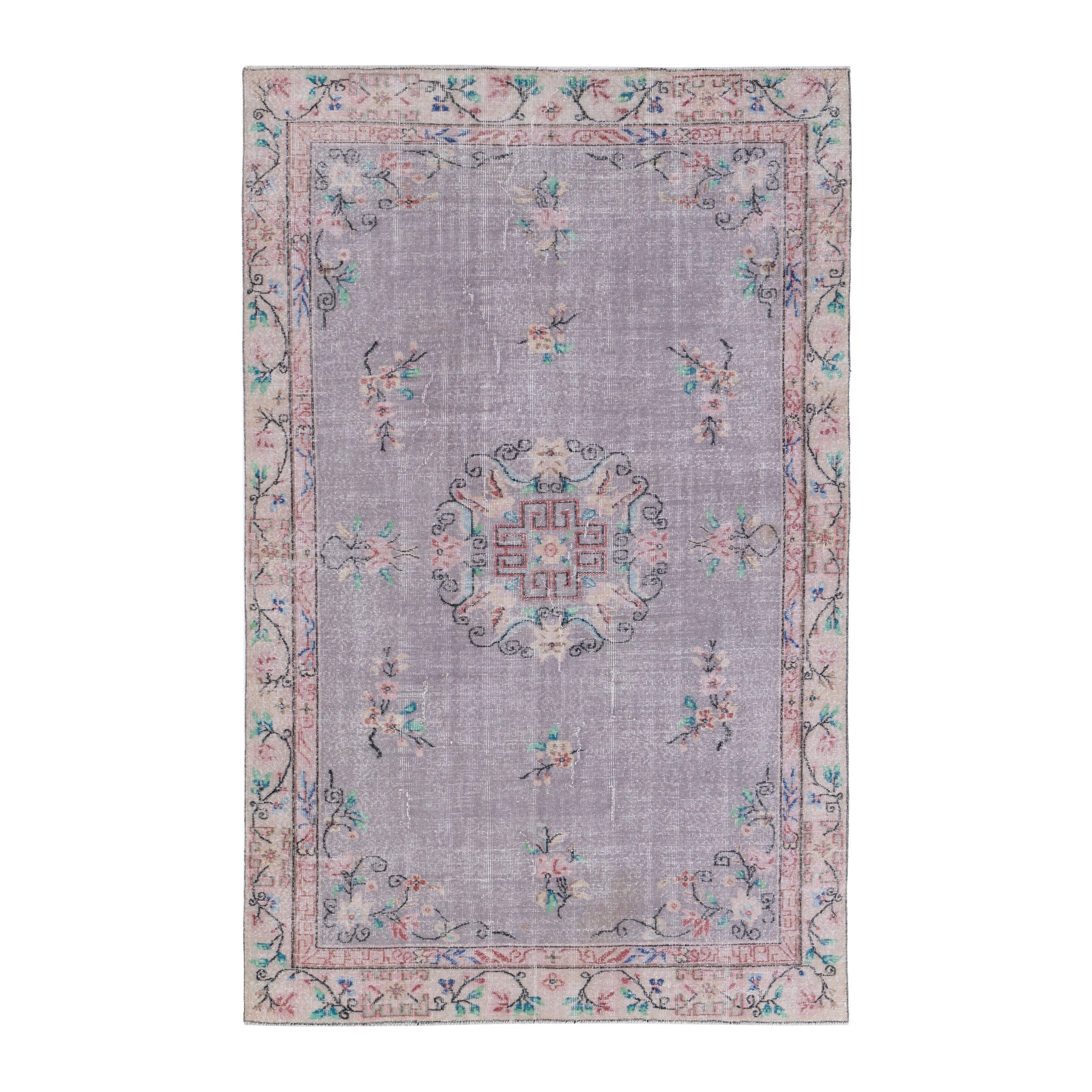 Turkish Isparta area rug in dusty blue and muted pink, 5'10" x 8'11"
