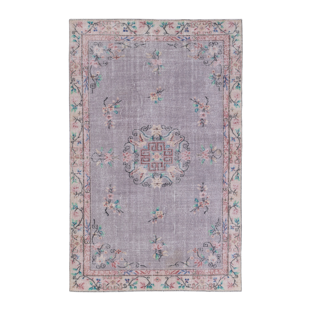Turkish Isparta area rug in dusty blue and muted pink, 5'10" x 8'11"