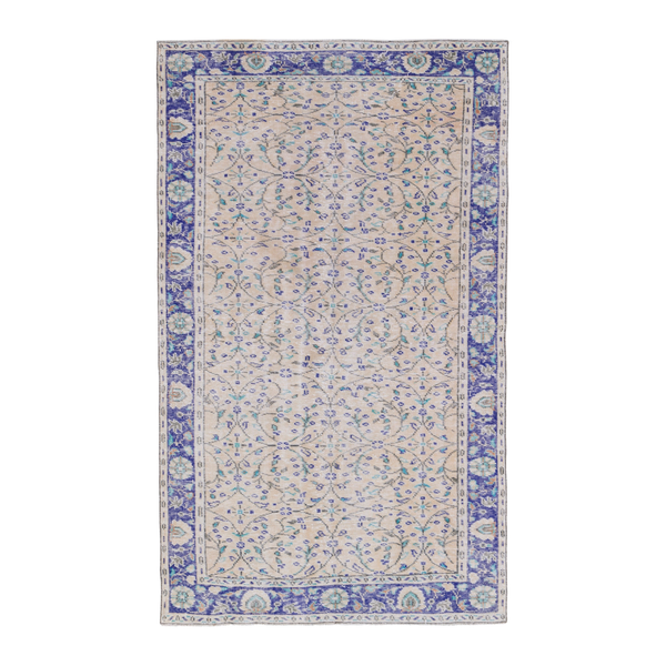 Turkish Manisa area rug in cream and navy, 4'9" x 8'