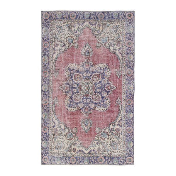 Turkish Isparta area rug in dusty rose and navy, 5'9" x 9'7"
