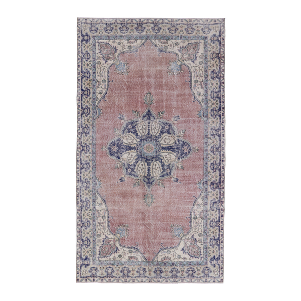Turkish Isparta area rug in dusty rose and navy, 5'3" x 9'3"